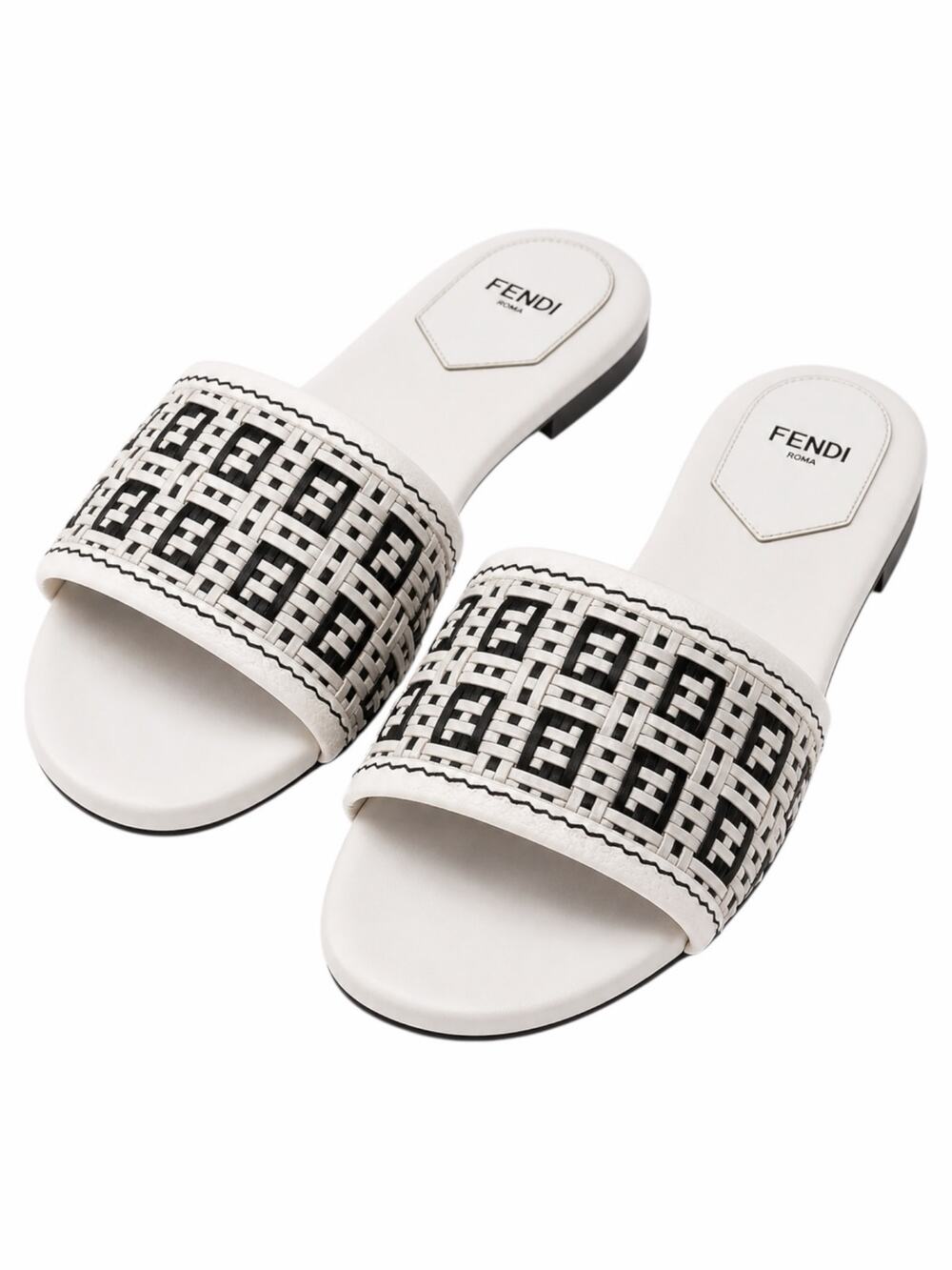 Fendi Rafia Weave Logo Leather Slide Sandal White Black Size 38.5